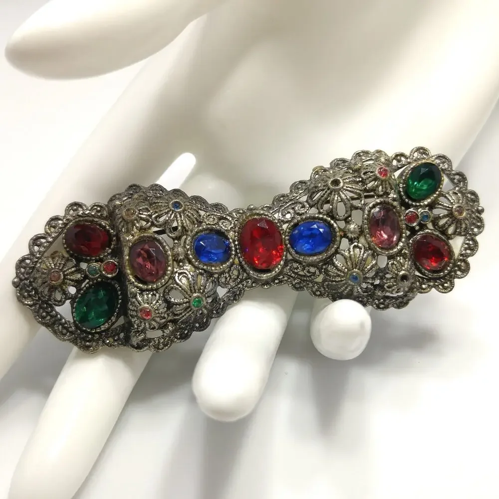 Vintage Rhinestone Floral Bow Brooch, Filigree Flowers, 1930s Jewelry